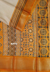 Ivory with Mustard Yellow - Light weight Vasundra printed silk with ajrakh pallu and blouse
